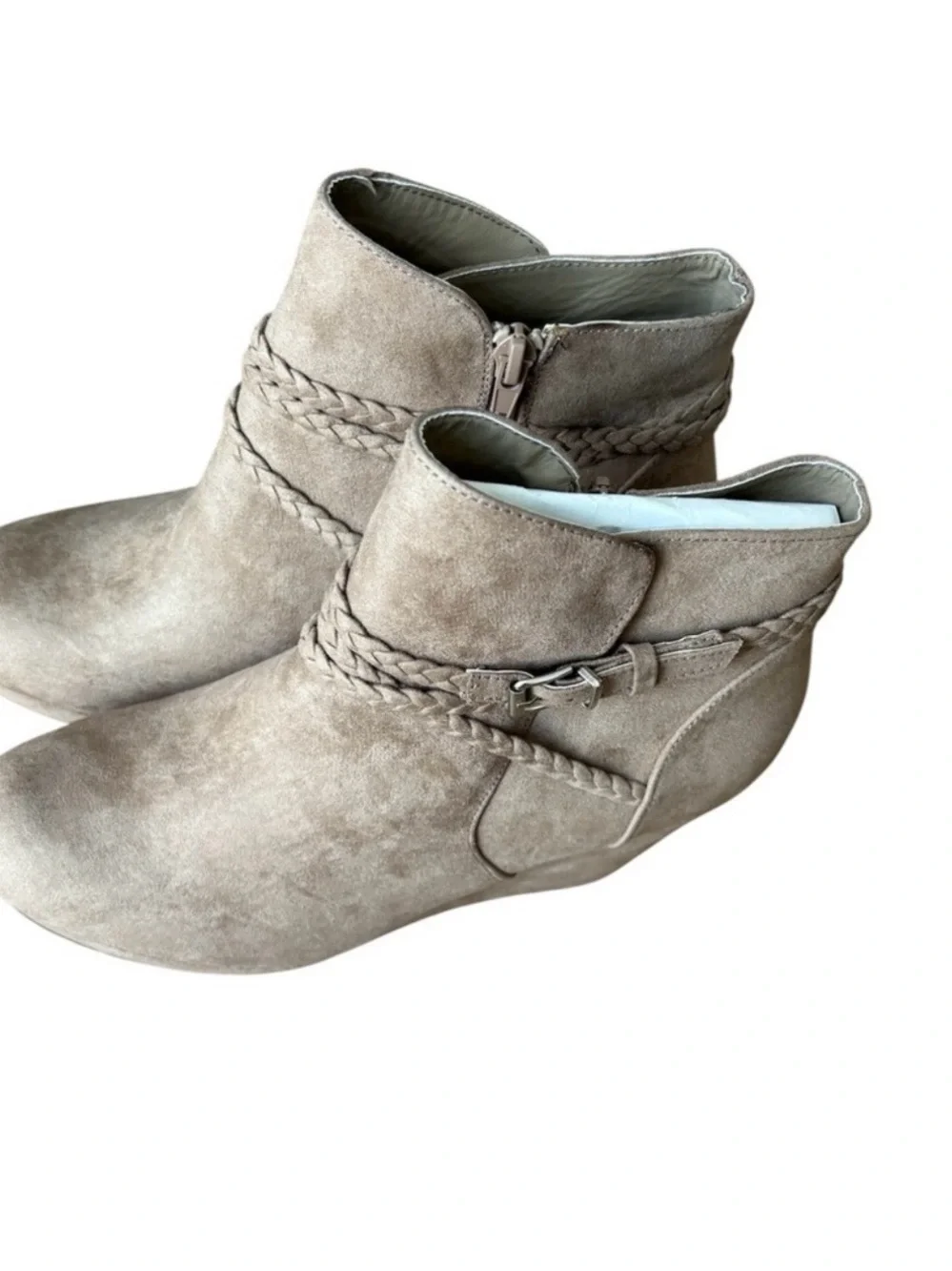 🔴 Stylish Taupe Braided Wedge Ankle Boots- 9